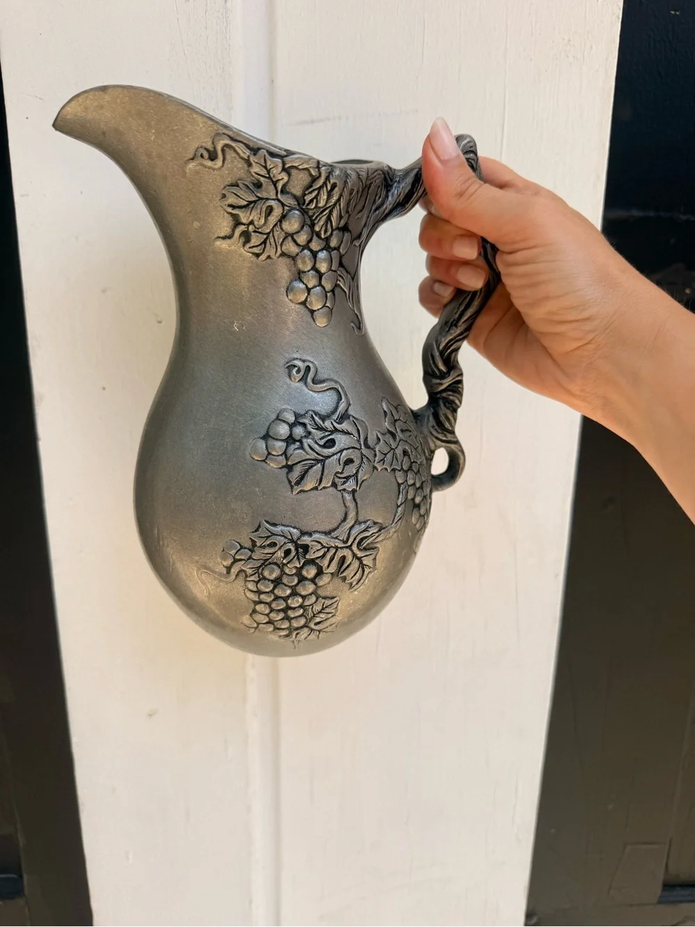 Ornate Grape Relief Pitcher in Antique Pewter Finish